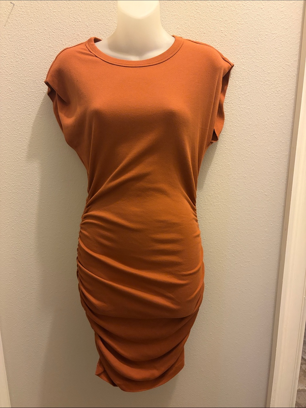Michael Stars Ribbed Ruched Sleeve Cap Women's Dress Chestnut Size